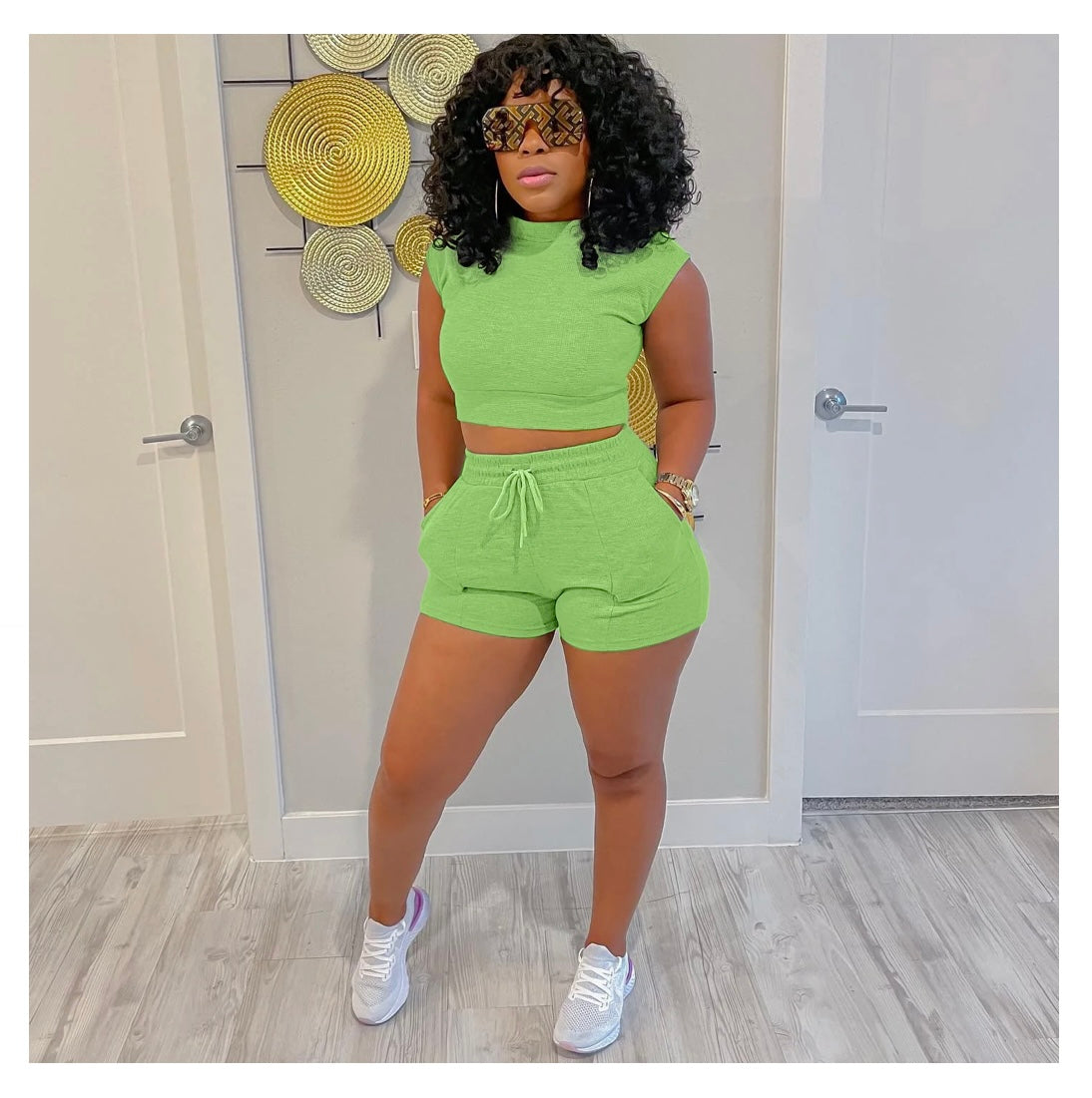 Waffle Short Sleeves Crewneck Top and Drawstring Pocket Shorts set