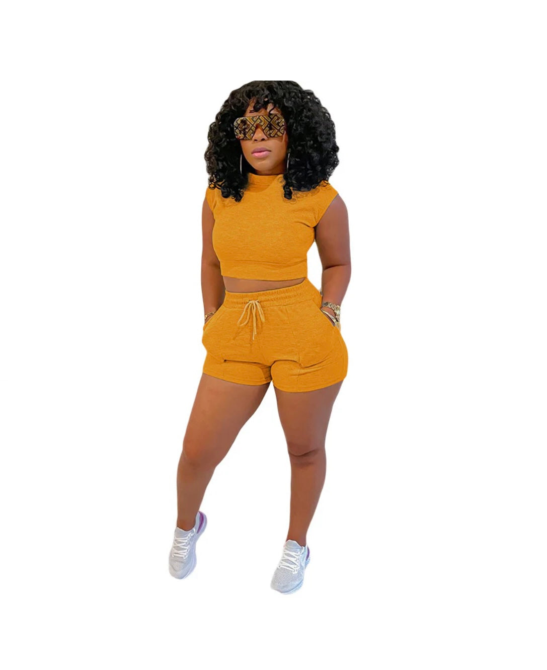 Waffle Short Sleeves Crewneck Top and Drawstring Pocket Shorts set