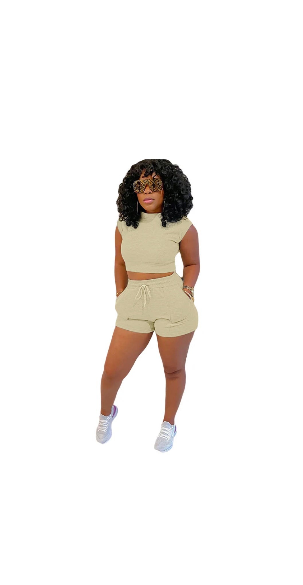 Waffle Short Sleeves Crewneck Top and Drawstring Pocket Shorts set