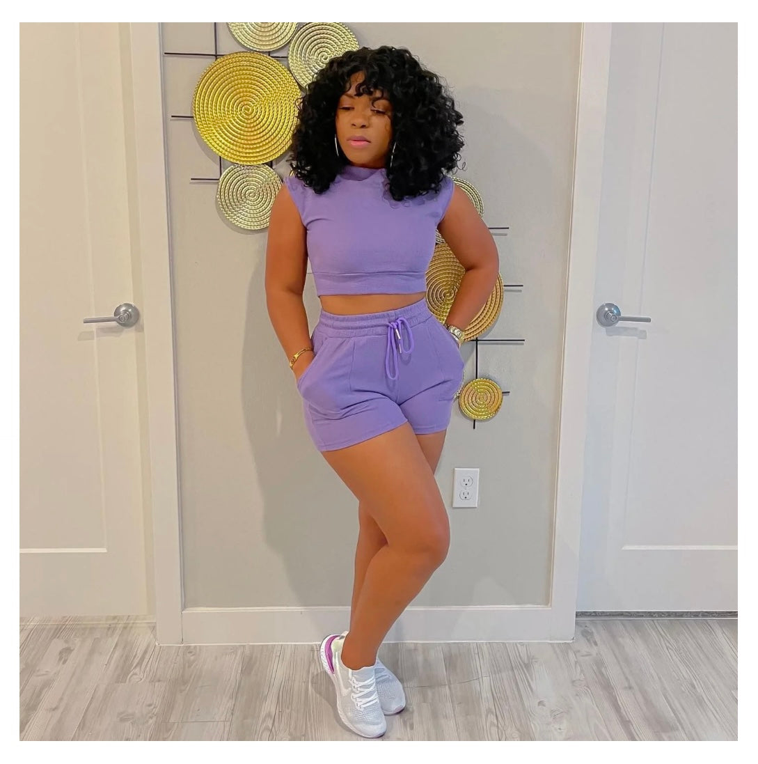 Waffle Short Sleeves Crewneck Top and Drawstring Pocket Shorts set