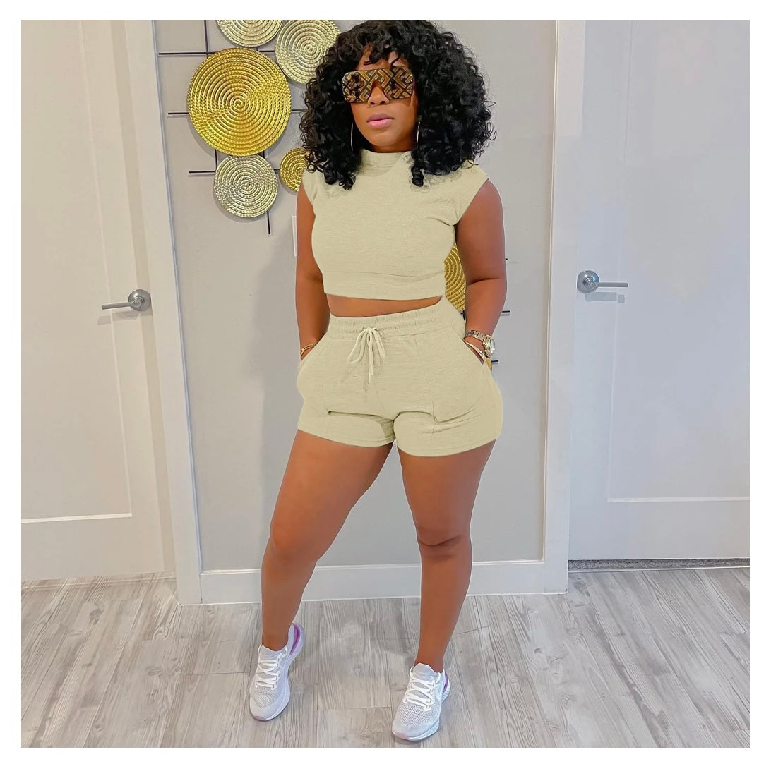Waffle Short Sleeves Crewneck Top and Drawstring Pocket Shorts set
