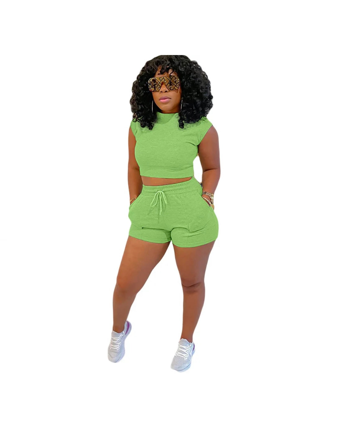 Waffle Short Sleeves Crewneck Top and Drawstring Pocket Shorts set