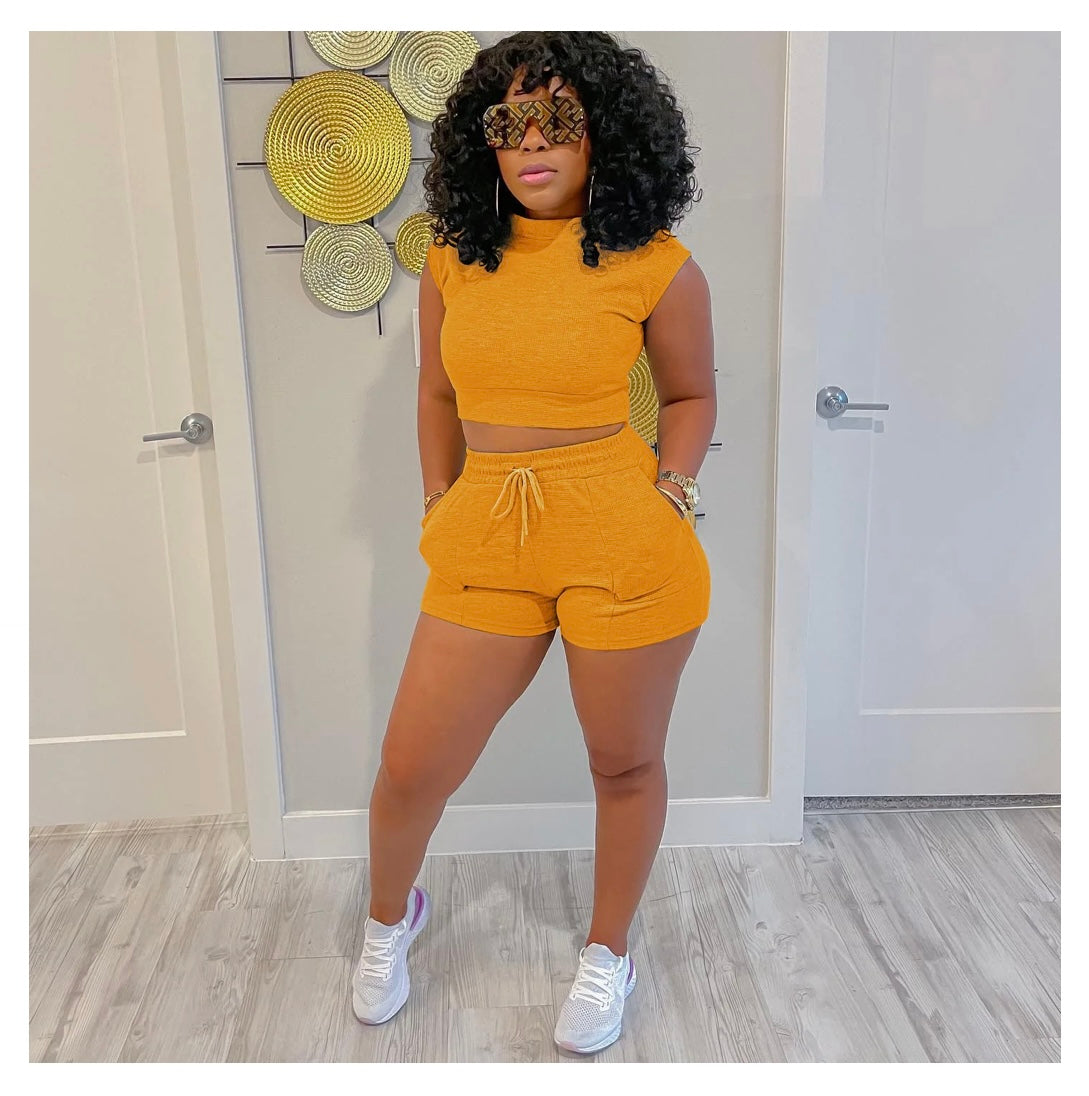 Waffle Short Sleeves Crewneck Top and Drawstring Pocket Shorts set